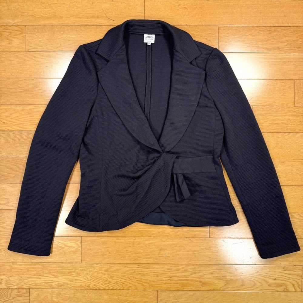 Armani Collezioni Size 14 Black Textured Wool Blend Wrap Tie Blazer Italy Womens